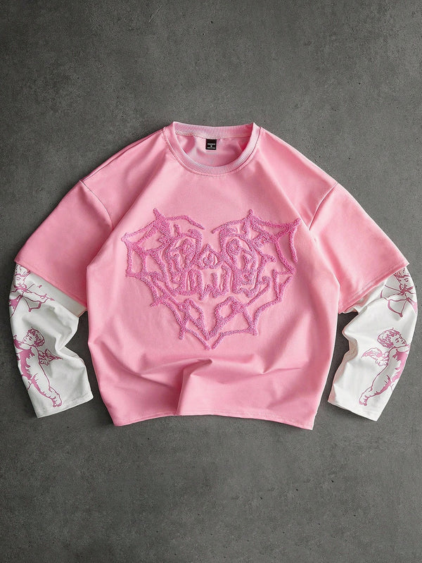 PAVTROS Manfinity Streetrush Men's Light Pink Autumn Graphic Y2k City Break Angel Cupid Print Embroidered Heart 2 In 1 T-Shirt,Streetwear 2000s Style Tee